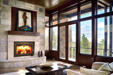 Living room - contemporary formal and open concept ceramic tile and beige floor living room idea in Other with a standard fireplace, a concrete fireplace and no tv