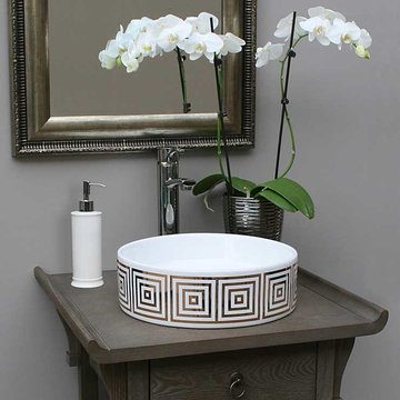 Gold Big Squares Design Painted Vessel in Gray Powder Room