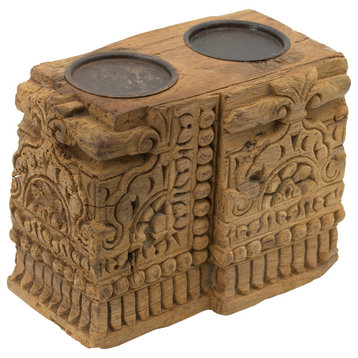 Carved Wood 2 Pillar Candle Holder 12.5x5.5x8"