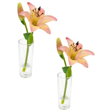 Set of 2 Faux Lily & Bud in Clear Shot Glass, in 3 Colors, Pink