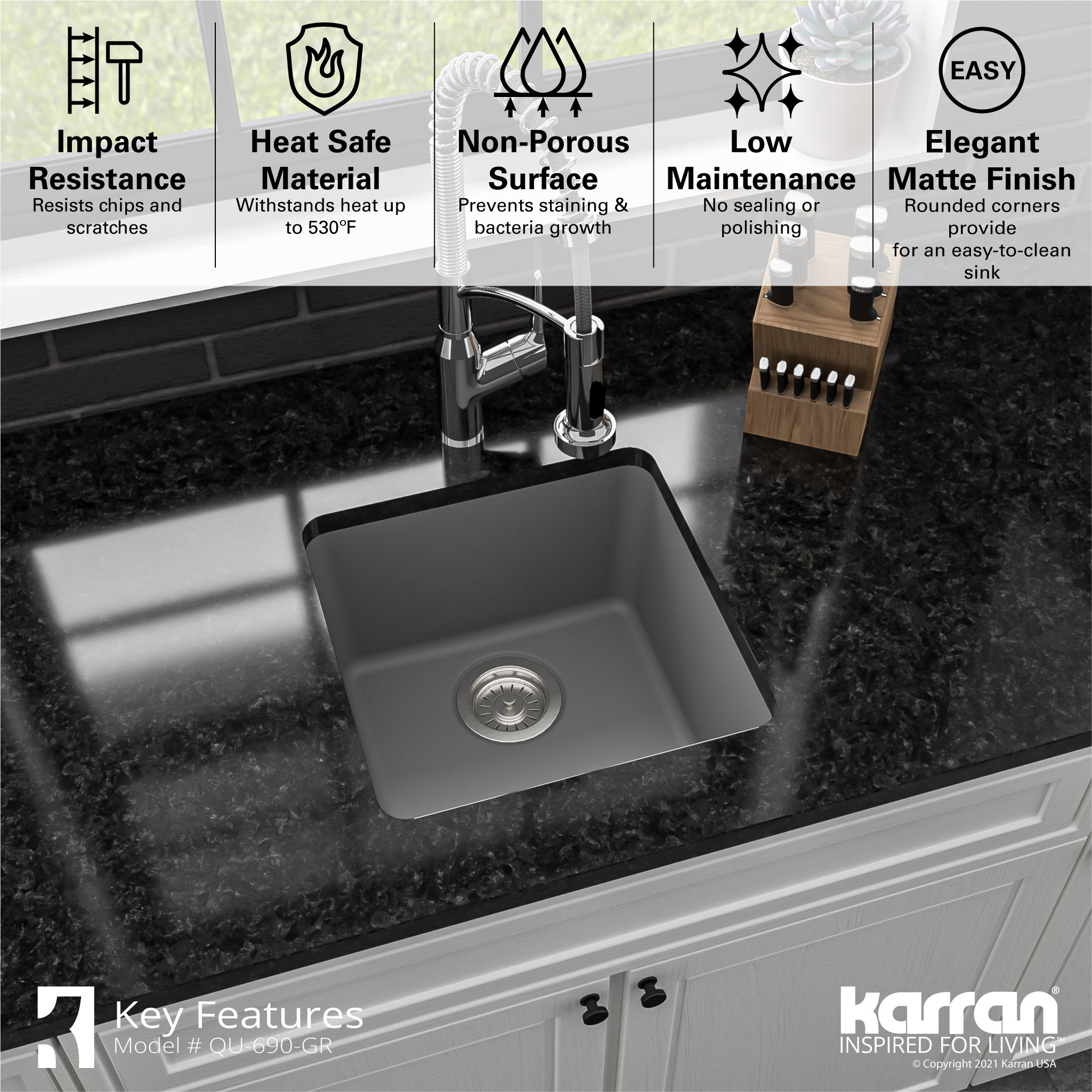 Karran Undermount Quartz Composite 17" Bar Single Bowl Sink, Grey