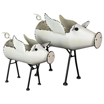 Rustic White Painted Galvanized Metal Flying Pig Standing Planters Set of 2