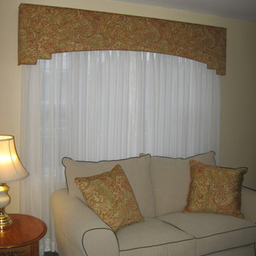 Stepped Cornice over Sheers, Custom Throw Pillows