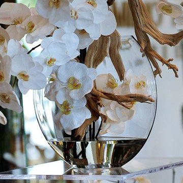 White Phalaenopsis Orchid & Wood 13" Moon Vase
