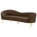 Meridian Furniture - Ritz Velvet Upholstered Sofa, Brown - Get comfy while remaining chic in this elegant Ritz brown velvet sofa. Plush brown-colored upholstery provides a soft texture that is pleasing to the senses, while its curved design offers a contemporary touch to your home furnishing. Gold metal legs complement the sofa's sophisticated brown color, creating a gallant piece anyone would be proud to display in their home.