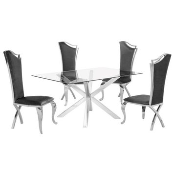 Rectangular 63" x 39" 5 Piece Dinette Set with Silver Stainless Steel and Chairs