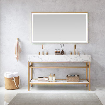 Ecija Bath Vanity, Metal Support with Stone Top, Brushed Gold, 60 in. Double Sink, With Mirror