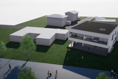 Geräumiges, Zweistöckiges Modernes Einfamilienhaus mit Putzfassade, grauer Fassadenfarbe, Flachdach, Misch-Dachdeckung und schwarzem Dach in Sonstige