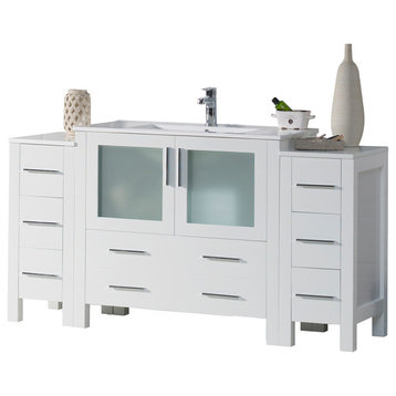 Sydney 60" Vanity Set With Double Side Cabinets, Glossy White No Mirror