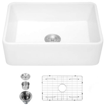 White Ceramic Single Bowl  Farmhouse Apron-Front Kitchen Sink with Grid and Stra