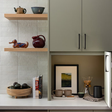 Open Sage Green Hidden Appliance Garage/Coffee Nook