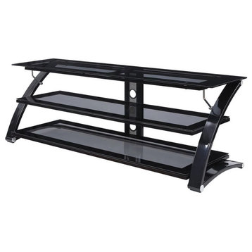 Modern TV Stand, Metal Frame With Tempered Smoked Glass Shelves, Black Finish