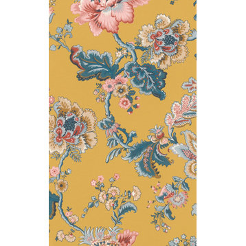 Blue Hand Painted Fantasy Floral Blossoms Wallpaper R7873, Yellow, Sample