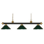 Z-Lite - Riviera 3 Light Billiard in Bronze / Satin Gold with Dark Green Shade - Elegant and traditional best describes this beautiful three light fixture. Finished in Bronze & Satin Gold and paired with metal dark green shades  this three light fixture would be equally at home in the game room  or anywhere else in the house needing a touch of timeless charm&nbsp