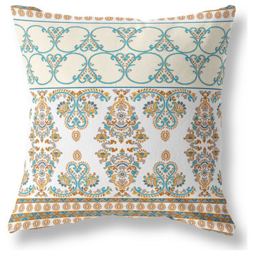 20" X 20" Orange And Teal Broadcloth Floral Throw Pillow