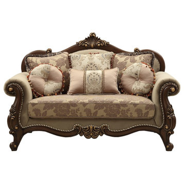ACME Mehadi Loveseat with 6 Pillows, Fabric and Walnut