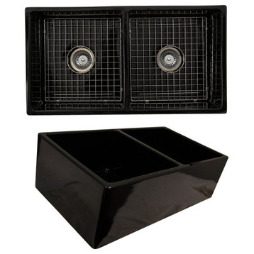 Fireclay Farmhouse Sink Set With Grids and Drains, Glossy Black