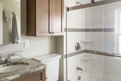 Example of a small classic master white tile and subway tile porcelain tile bathroom design in Boston with shaker cabinets, beige cabinets, a two-piece toilet, an undermount sink, quartzite countertops and green countertops