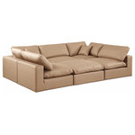 Meridian Furniture - Comfy Upholstered U-Shaped Modular Sectional, Tan, 6-Piece: 3 Armless Chair, 2 Corner Chair, 1 Ottoman, Vegan Leather - Give your space a whole new look with this tan Comfy vegan leather sectional. This handsome sectional fits nicely with other items in the Comfy collection and is a versatile seating option designed for adaptability, comfort and style. Wrapped in rich tan durable vegan leathered upholstery, this sectional offers a plush embrace of overstuffed down feather cushions, carefully crafted to deliver the highest level of comfort. The perfect seat for creating an oasis for relaxation, this sectional has thick foam surrounding its frame for added support and coziness.