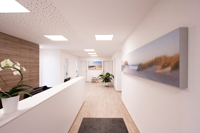 Geräumiges Modernes Foyer mit weißer Wandfarbe, hellem Holzboden, Einzeltür, weißer Haustür und braunem Boden in Sonstige