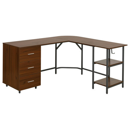 Techni Mobili L-Shape Home Office Two Tone Desk with Storage, Walnut