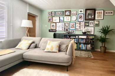 Foto de salón cerrado contemporáneo de tamaño medio con paredes verdes, suelo de madera en tonos medios y suelo marrón