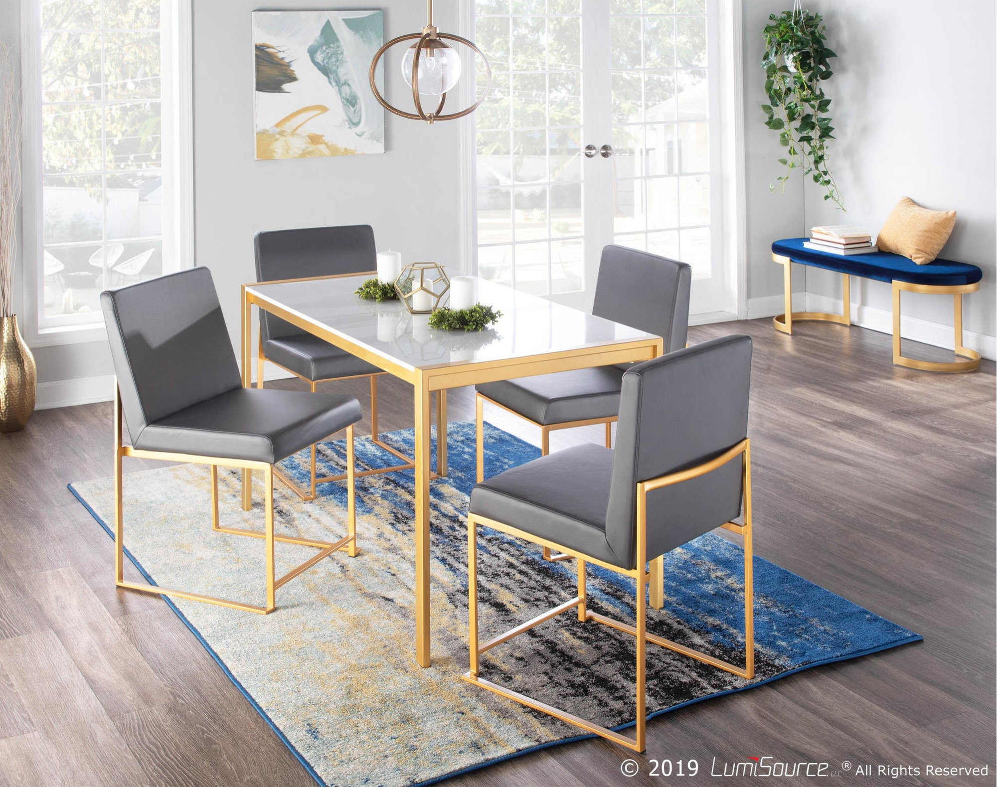 High Back Fuji Dining Chair, Set of 2, Gold Metal, Grey PU