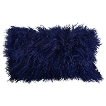 Mongolian Lamb Fur Poly Filled Throw Pillow, Cobalt Blue, 12"x20"