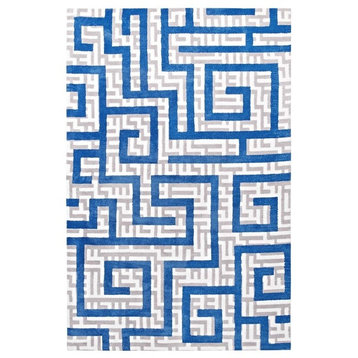 Nahia Geometric Maze 5"x8" Area Rug, Ivory/Light Gray/Blue