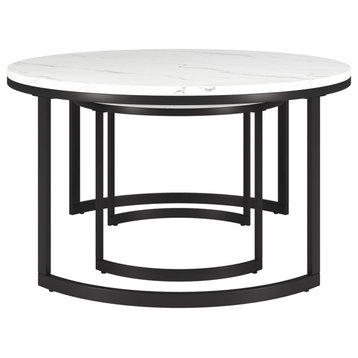 36" White And Black Faux Marble And Steel Round Nested Coffee Tables