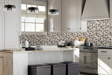 Enclosed kitchen - mid-sized modern l-shaped light wood floor and brown floor enclosed kitchen idea in Miami with a farmhouse sink, shaker cabinets, white cabinets, granite countertops, multicolored backsplash, mosaic tile backsplash, stainless steel appliances, an island and black countertops