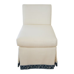 Custom White Slipper Chair with Blue Greek Key Trim - Products