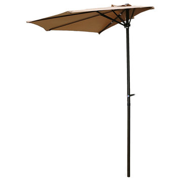 9' Half Round Vented Patio Wall Umbrella With Aluminum Pole, Bronze/Khaki