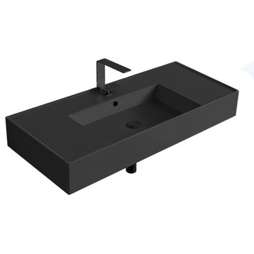 Matte Black Ceramic Wall Mounted or Vessel Sink With Counter Space, One Hole