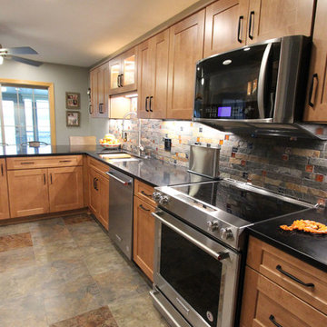 Waypoint Maple Spice Kitchen Cabinets w/ Fire & Ice Brick Mosaic Backsplash