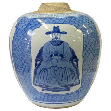Oriental Handpainted Officers Small Blue White Porcelain Ginger Jar Hws2328