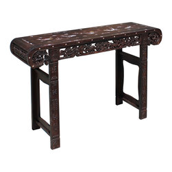 Chinese Brown Huali Rosewood Scroll Inlay Foo Dog Motif Altar Table - Console Tables