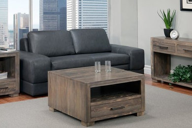 Example of a mid-sized cottage open concept and formal dark wood floor and brown floor living room design in Calgary with gray walls, no fireplace and no tv
