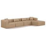 Meridian Furniture - Cube Upholstered Modular Sectional, Tan, 5-Piece: 2 Armless Chair, 2 Corner Chair, 1 Ottoman, Vegan Leather - Elevate your space with the luxurious Cube Vegan Leather Modular Sectional. This modular sectional exudes modern elegance, charm, and comfort making it a perfect addition to any contemporary living space. Its clean lines and cube shape are reminiscent of minimalist design, while the plush tan vegan leather upholstery adds a touch of luxury and sophistication. The chair's versatile construction and geometric aesthetic seamlessly integrate into various design styles, from sleek living rooms to chic home offices, embodying the essence of modern design and creating a sense of order and tranquility in your space.