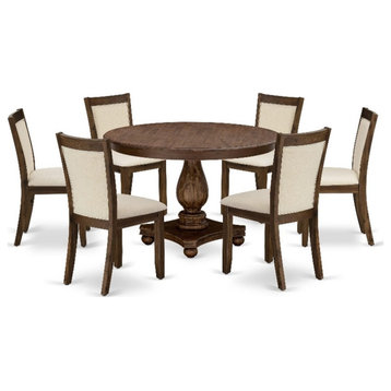 F2MZ7-NN-32 - Table and 6 Light Beige Linen Fabric Chairs - Antique Walnut Base