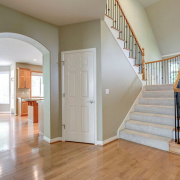 Classic Wood and Carpet Staircase with Iron Balusters