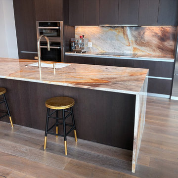 Ibiza Quartzite Kitchen with Waterfall Island, Countertop & Backsplash