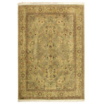 Bareens Designer Rugs - Agra Pak Persian Tami Green/Brown Wool Rug - 10'1'' x 14'3'' - Designed with mesmerizing intricacy and gorgeous color palette, this hand-knotted masterpiece demonstrates the beauty and electrifying thrill of Pak Persian art. These meticulously hand-knotted Pak-Persian rug is made with pure wool and features breathtaking traditional, transitional, and tribal designs in bold luxurious color pallets. Known for their intricate designs these rugs are a reproduction of Persian rugs, made in Pakistan with unique Mughal designs. Made by master weavers using the same Persian texture, design and dying technique, we wanted to produce the most significant manifestation of Persian art, life, and culture. This rug is most famous for its exceptional quality, incredible designs, patterns, and vibrant rich color. Pak-Persian rugs made with Persian weave with high knot counts, which enables the high intricacy and detail found in the patterns are also referred to as "State of art", each color adds a rich beautiful detail in the artwork of this rug. The design, color, and beautiful chromatic composition with a vibrant sheen with intricate designs, exude beauty, elegance, and quality make this rug a masterpiece of its own.