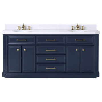 Palace 72" Double Sink White Quartz Countertop Vanity, Blue, F2-0013 Faucets