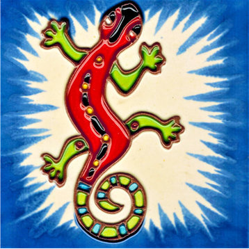 4x4" Red Lizard With Blue Background Art Tile Ceramic Drink Holder Coaster