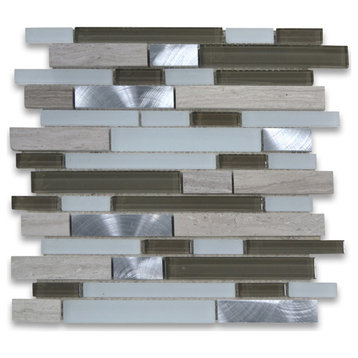Glass Mosaic Tile Ash Brown White Grey Wood Grain Marble Aluminum, 1 sheet