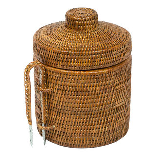 Kouboo La Jolla Rattan Round Waste Basket with Plastic Insert & Lid, Honey Brown