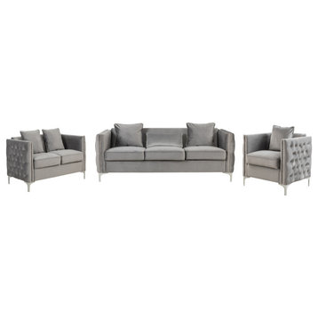 Bayberry Velvet Sofa Loveseat Chair Living Room Set, Gray