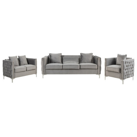 Bayberry Velvet Sofa Loveseat Chair Living Room Set, Gray