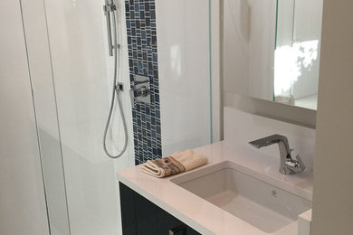 Small minimalist 3/4 porcelain tile, black tile, blue tile and gray tile mosaic tile floor and gray floor bathroom photo in Miami with flat-panel cabinets, an undermount sink, quartzite countertops, black cabinets and gray walls